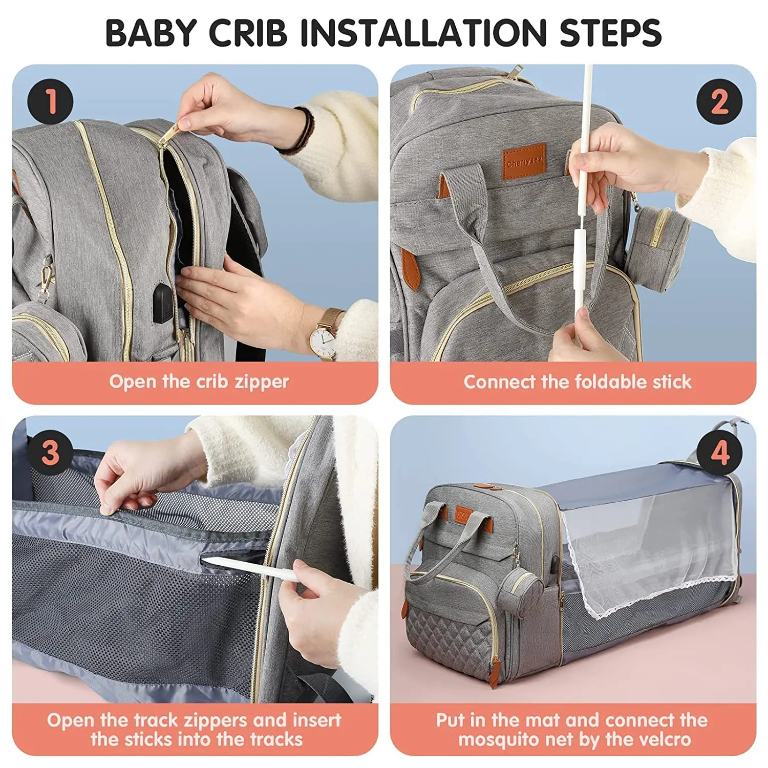 3 In 1 Diaper Bag Backpack Foldable Baby Bed Waterproof Travel Bag with USB Charge Diaper Bag Backpack with Changing Bed 3 types - Image 2